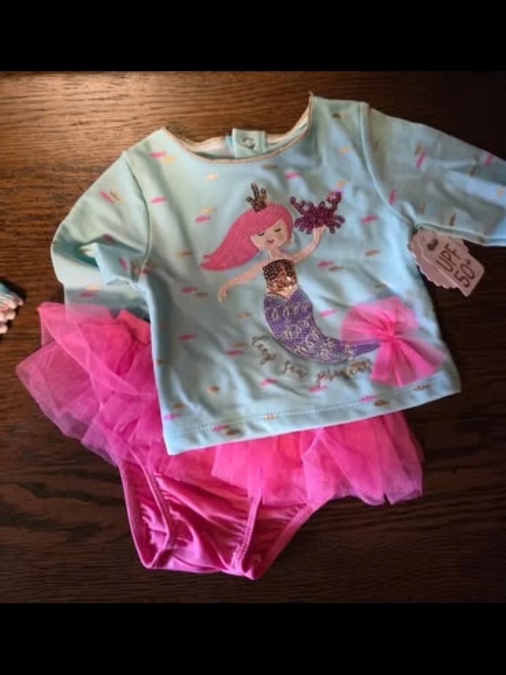 Mud Pie baby girl 2-piece mermaid rash guard and tutu swimsuit set 3-6M
